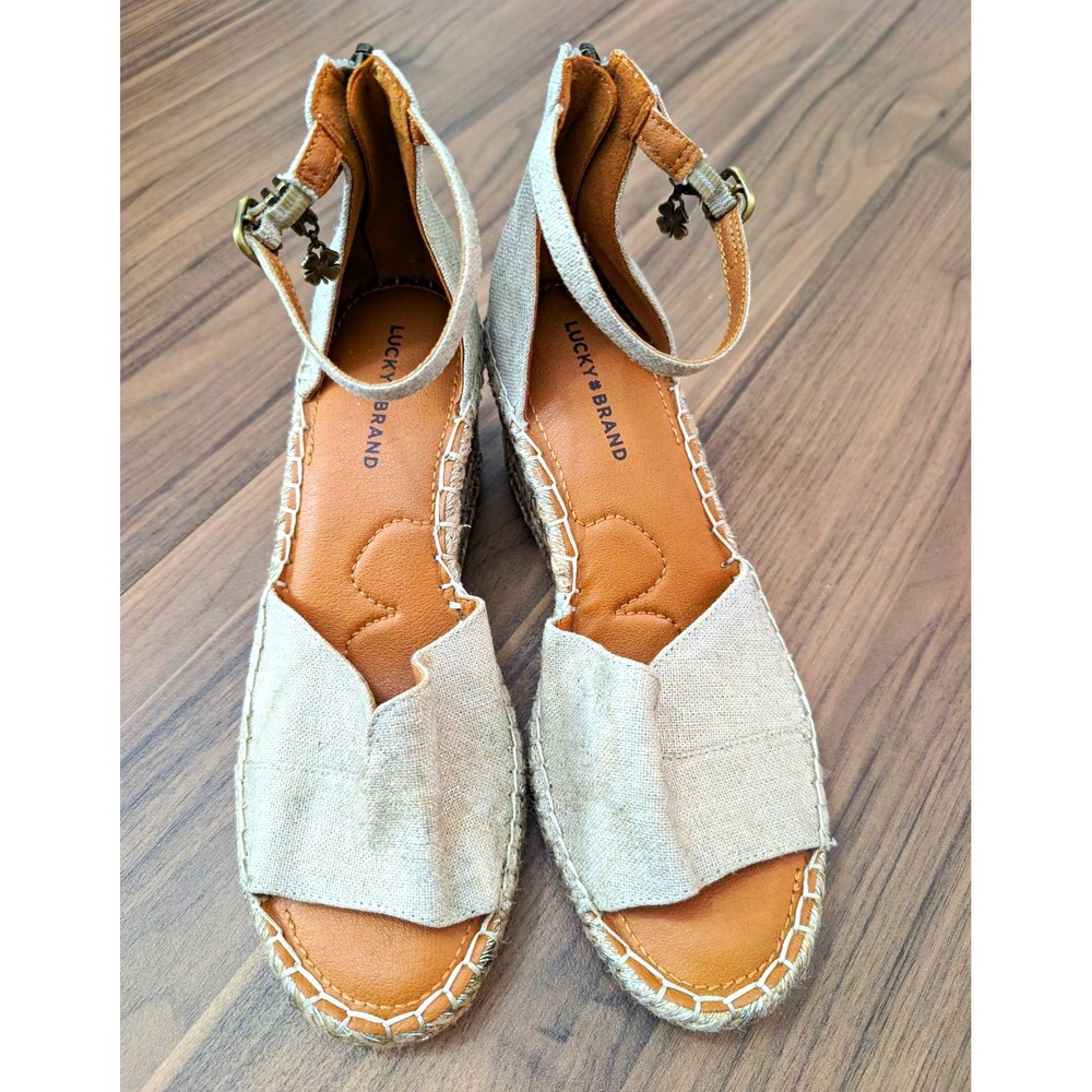 Lucky Brand Women's 8.5M Metallic Linen Espadrille Wedge Ankle Strap Sandals